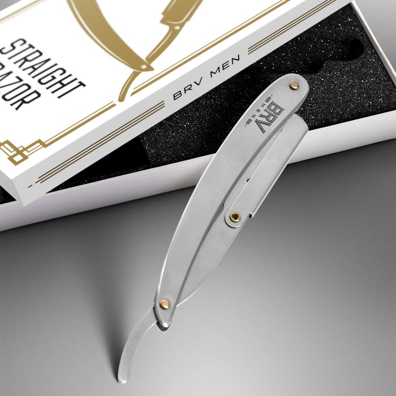 BRV MEN Professional Straight Edge Barber Razor w/ 100 Single Edge Razor Blades | Straight Razors for Men | Barbershop Accessories | Mens Shaving Knife & Shavette - Silver - Image 2